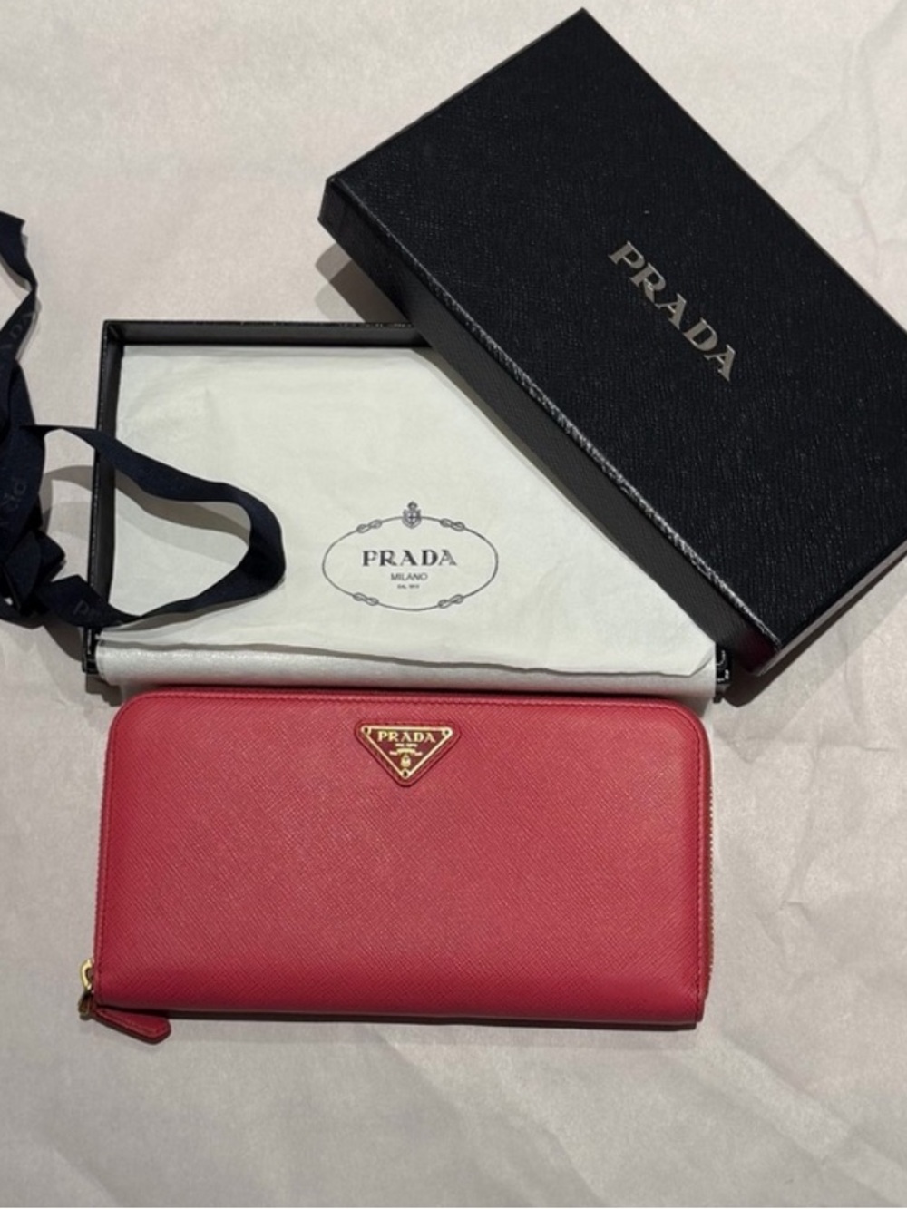 Prada Pink Saffiano Zip-Around Wallet with Gold Logo Full Inclusion